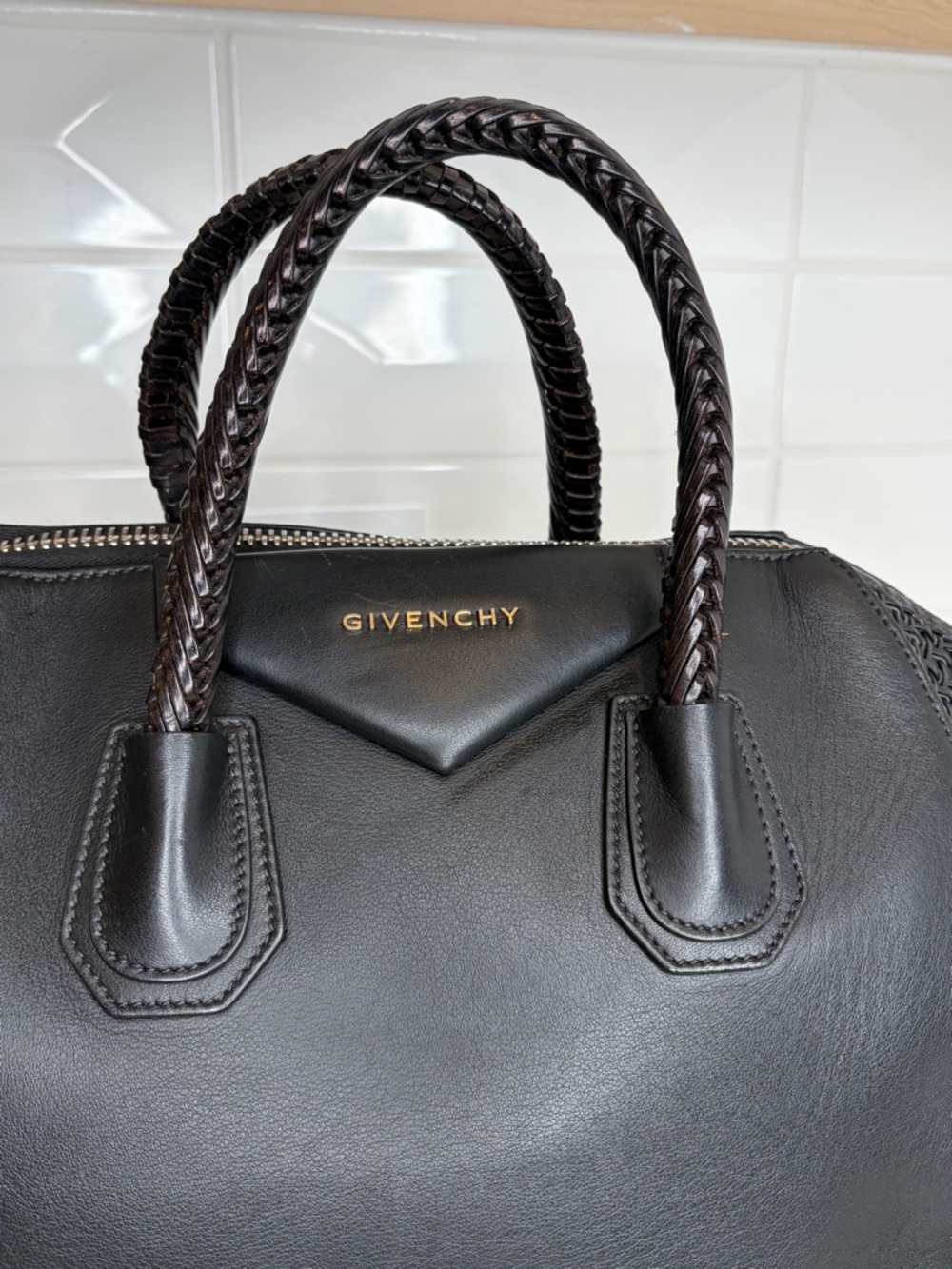 Givenchy Antigona Medium Black Leather Satchel Woven Panel